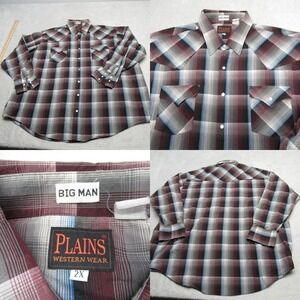Plains Western Wear Peal Snap Shirt Men 2X Purple Blue Plaid Oversized  Fits 3XL